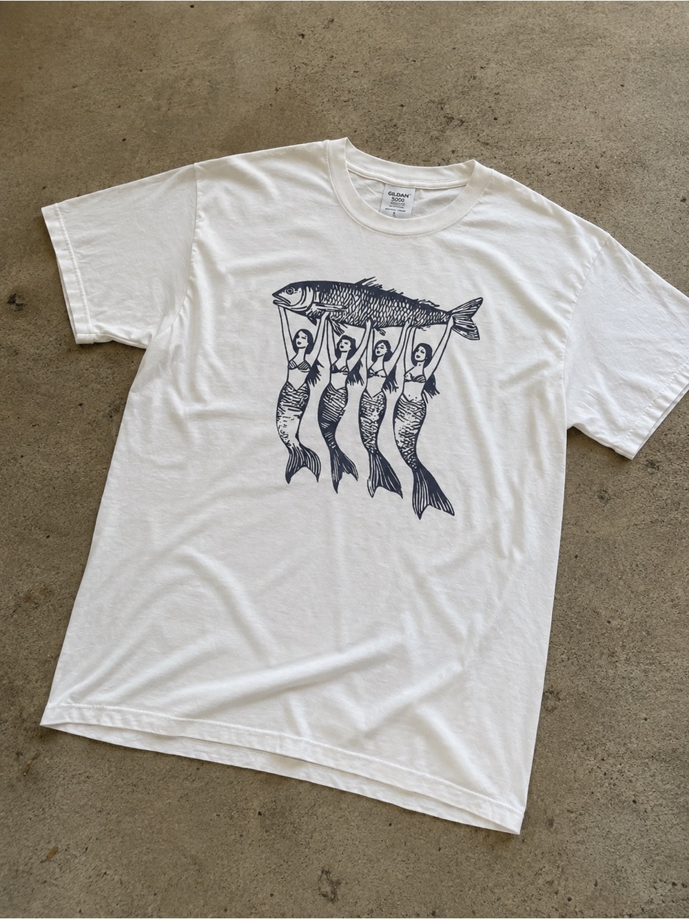 White Short Sleeve Tee Navy Mermaid Fish Graphic T-shirt - Picture 2 of 5